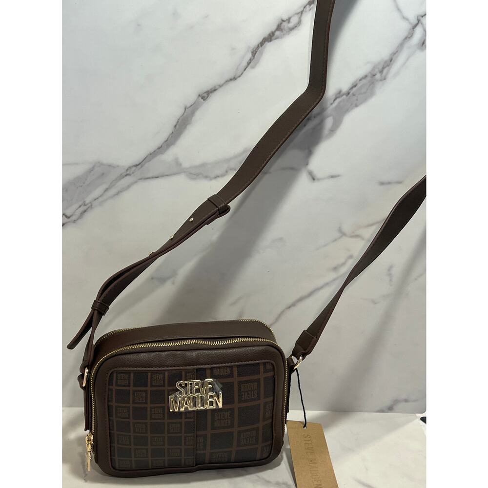 Steve Madden Blexi Hollywood Crossbody Bag Sepia Brown Logo Grid DR143770 New - Picture 3 of 11